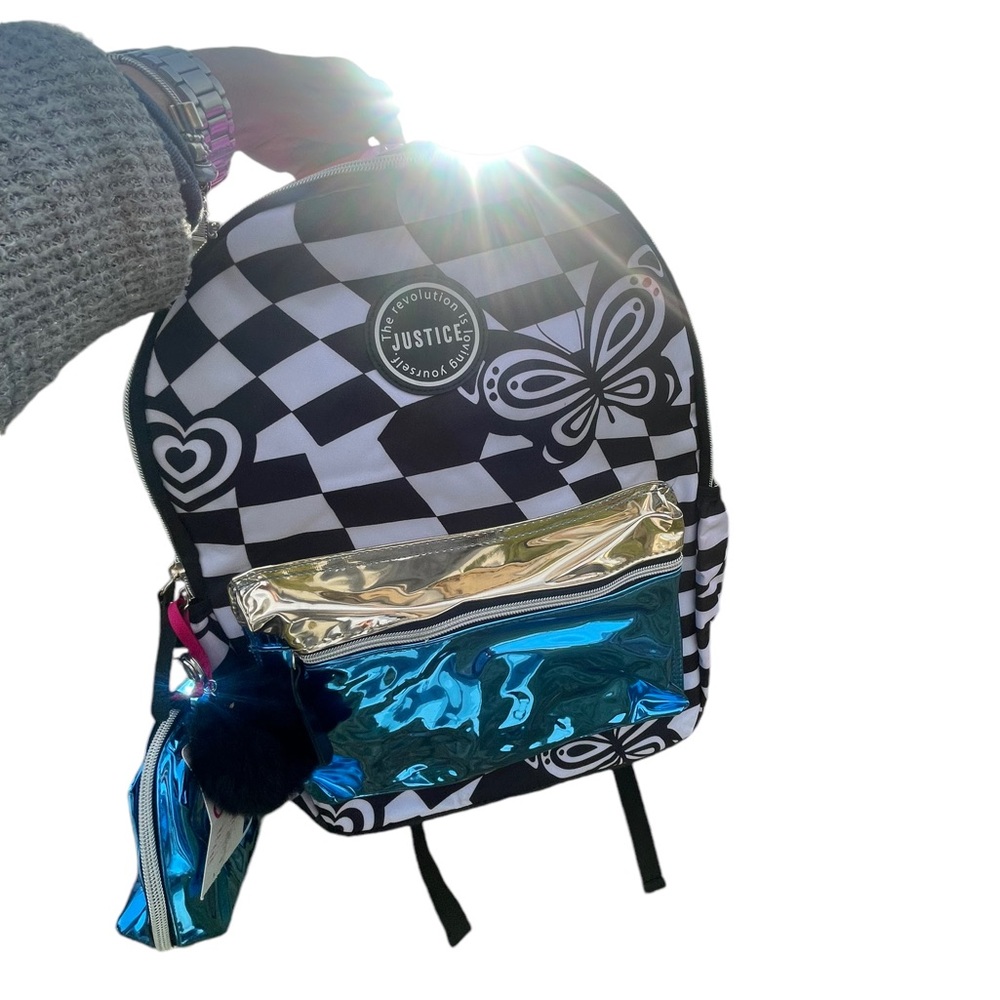 Justice H2JU54764 Girls 17" Laptop Backpack w/Pouch 2-Piece Set, Checkered. NEW!